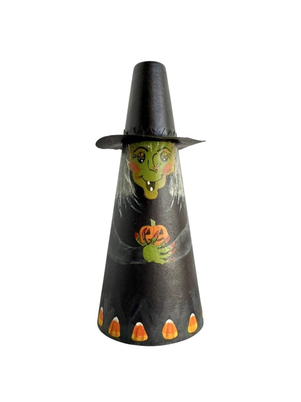 Vintage Green Witch Halloween Horn Cardboard Cone 6.75” Hand Painted SA 2002